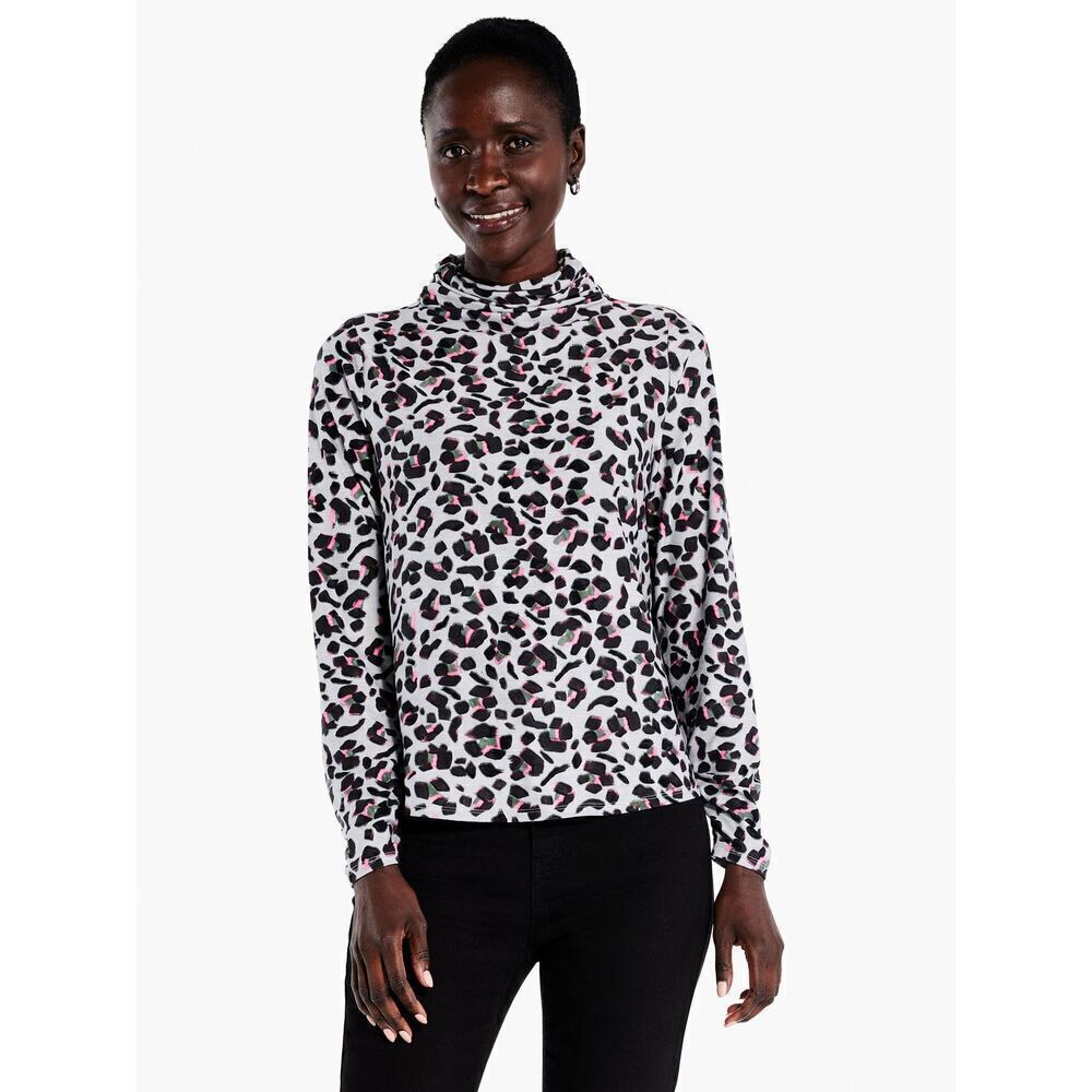 Nic + Zoe Size Small Cheetah Print Long Sleeve Turtleneck Pop Top Gray